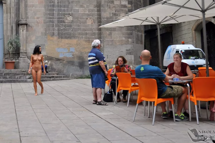 Nikola on the way to the cafe. Naked.