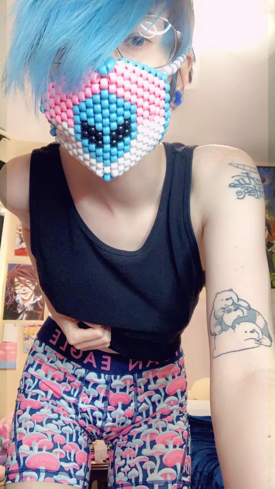 Obsessed wit my new mushroom boxers and trans flag mask ? ?