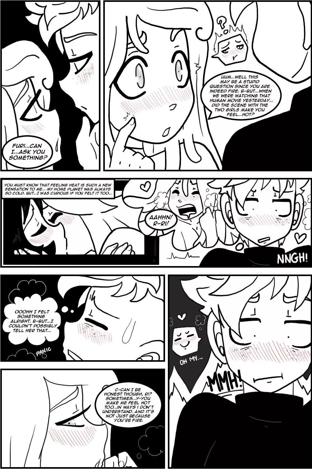 [Original]Eva innocently trying to process her newfound concept of heat/attraction(before their relationship)Eva was adapting to Earth & learning about humans/the English language. & since she’s a water creature, her questions can be blunt. Fur