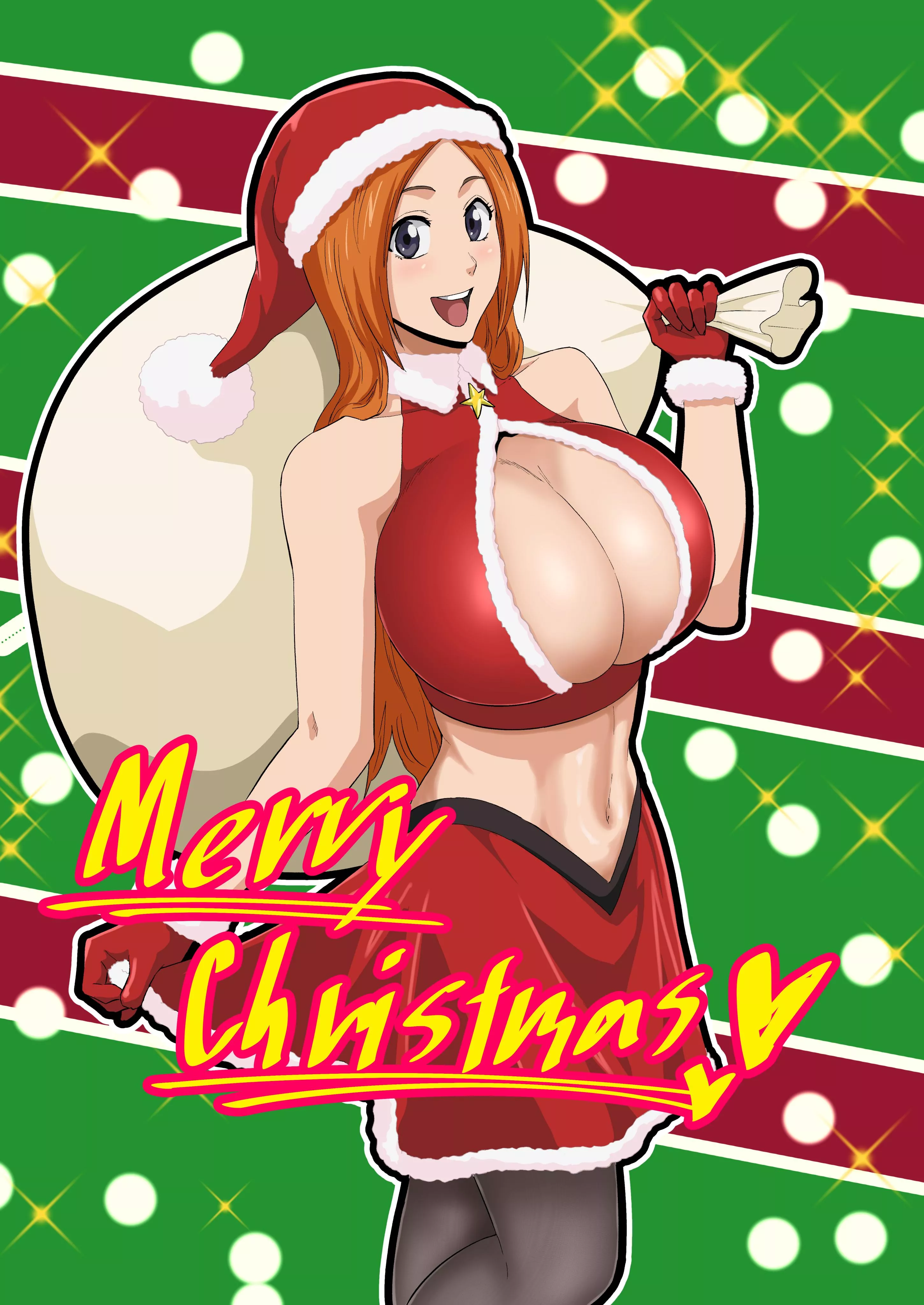 Orihime and her two big friends wish you a merry Christmas. [Bleach]