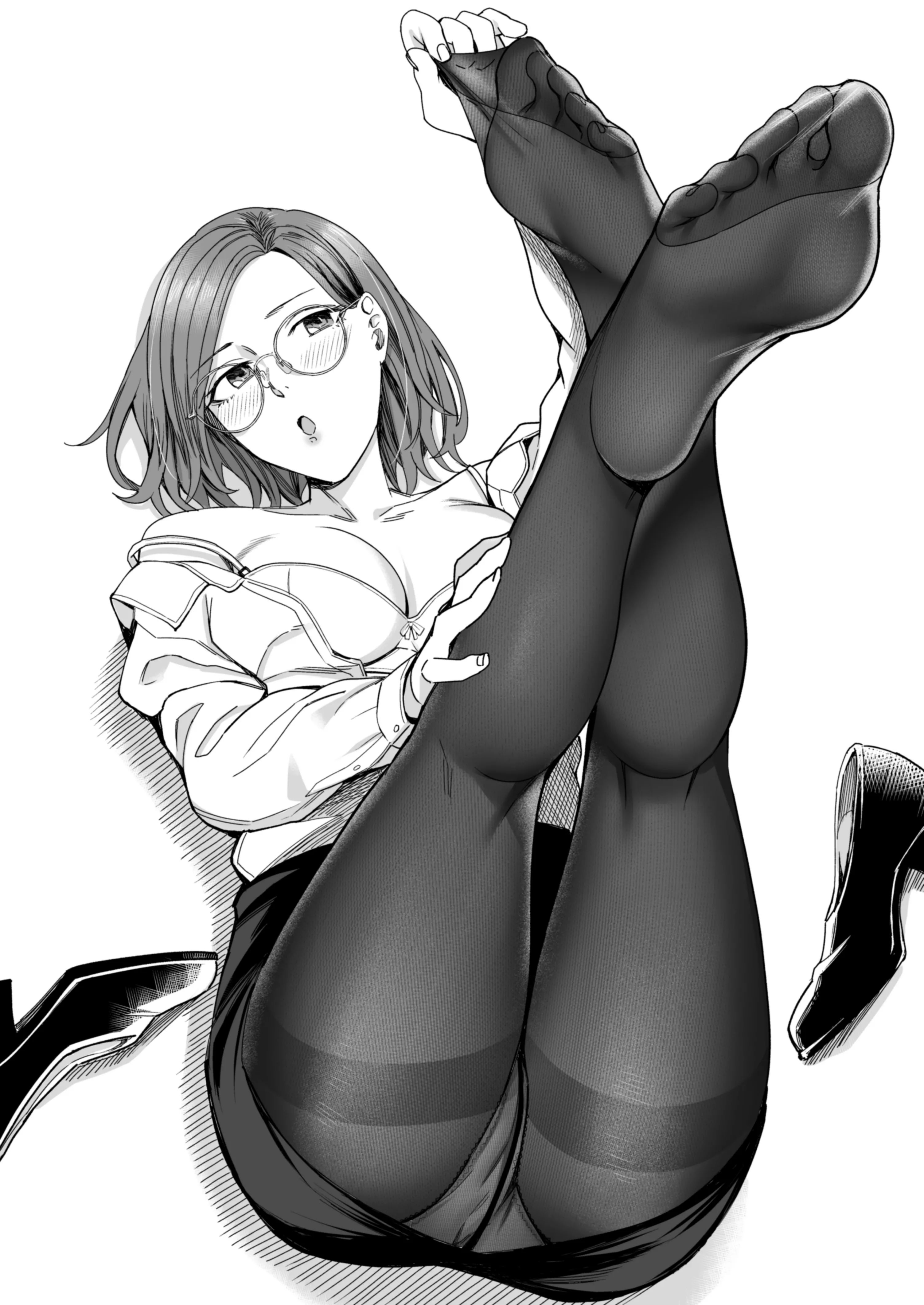 Pantyhose with an open dress shirt, goddamn what a combo