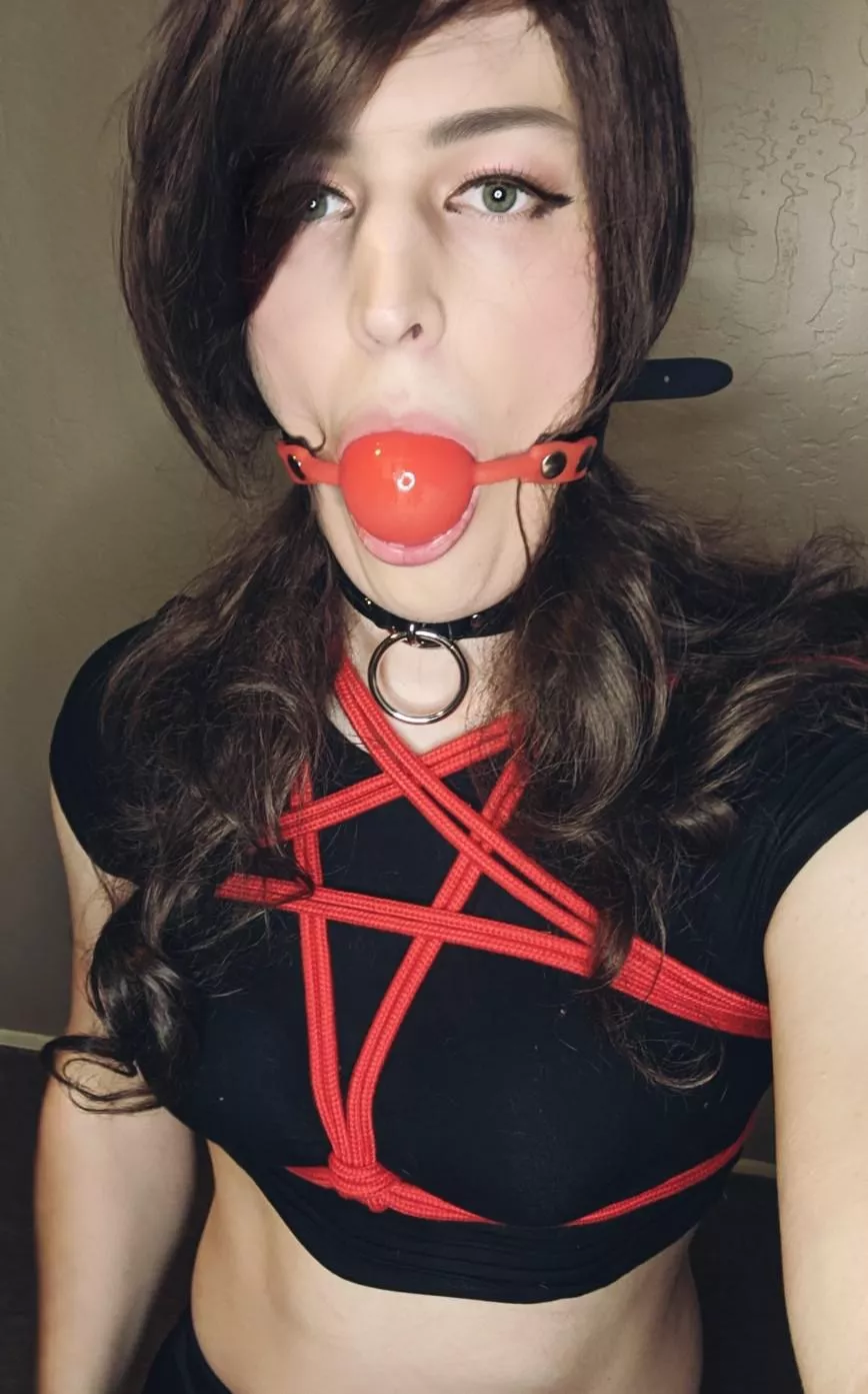 Pentagram chest tie, gagged, and collared - all I need now is a leash Pentagram chest tie, gagged, and collared - all I need now is a leash