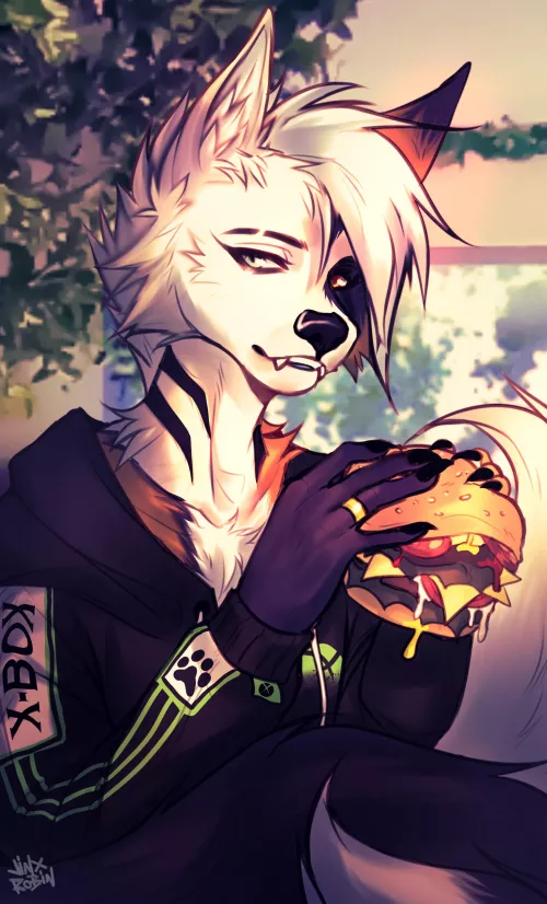 POV: she wants your fries. (Art by me, my fursona, @RobinJinx_ )