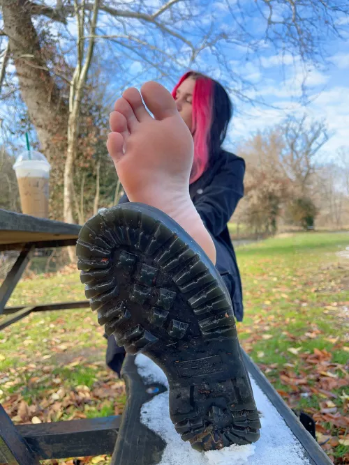 POV we go get coffee, something is in my boot so I take it off. You see I’m not wearing socks. How do you feel?