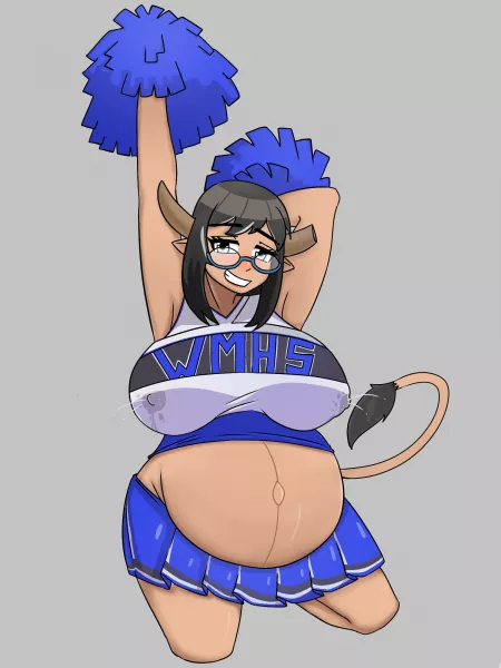 Preggo minotaur in her old cheerleader outfit (Artist is TribalToe from Discord)