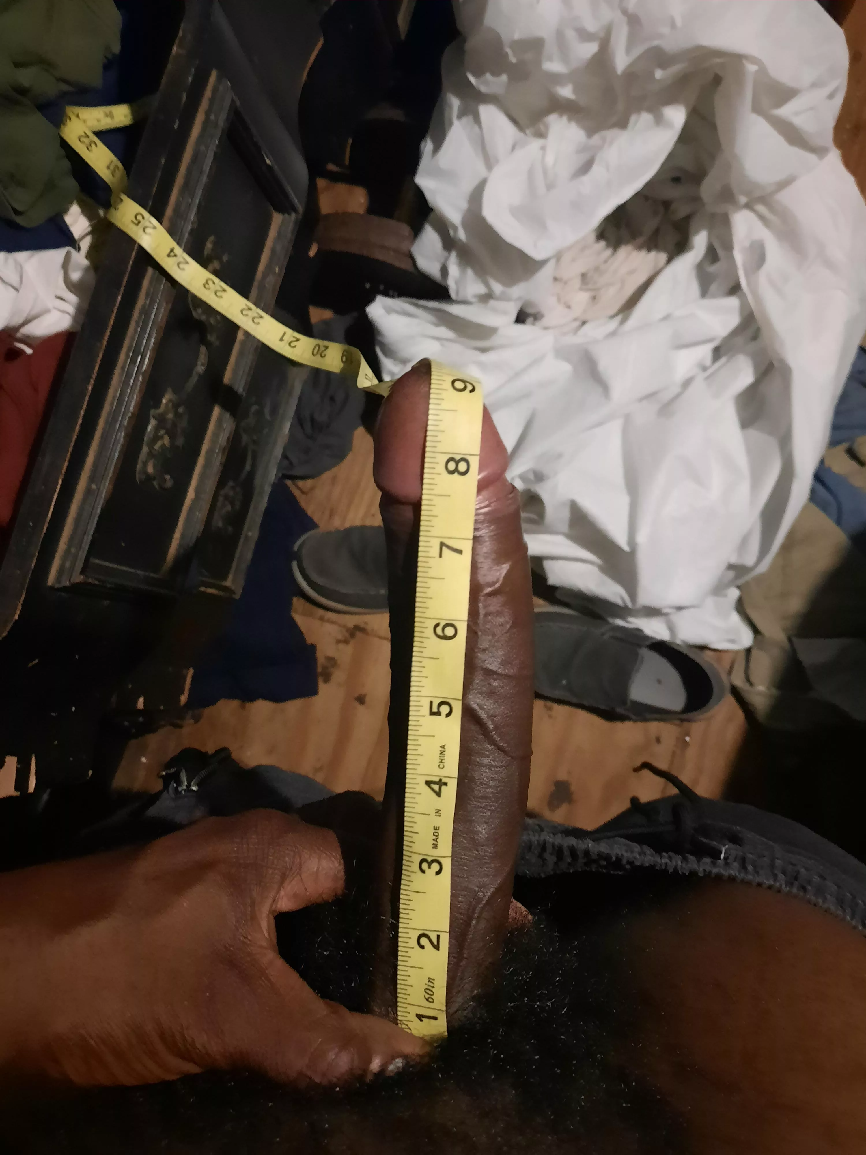 Proof of size. Excuse the mess, but you're not here to clean. You're here to get dicked down