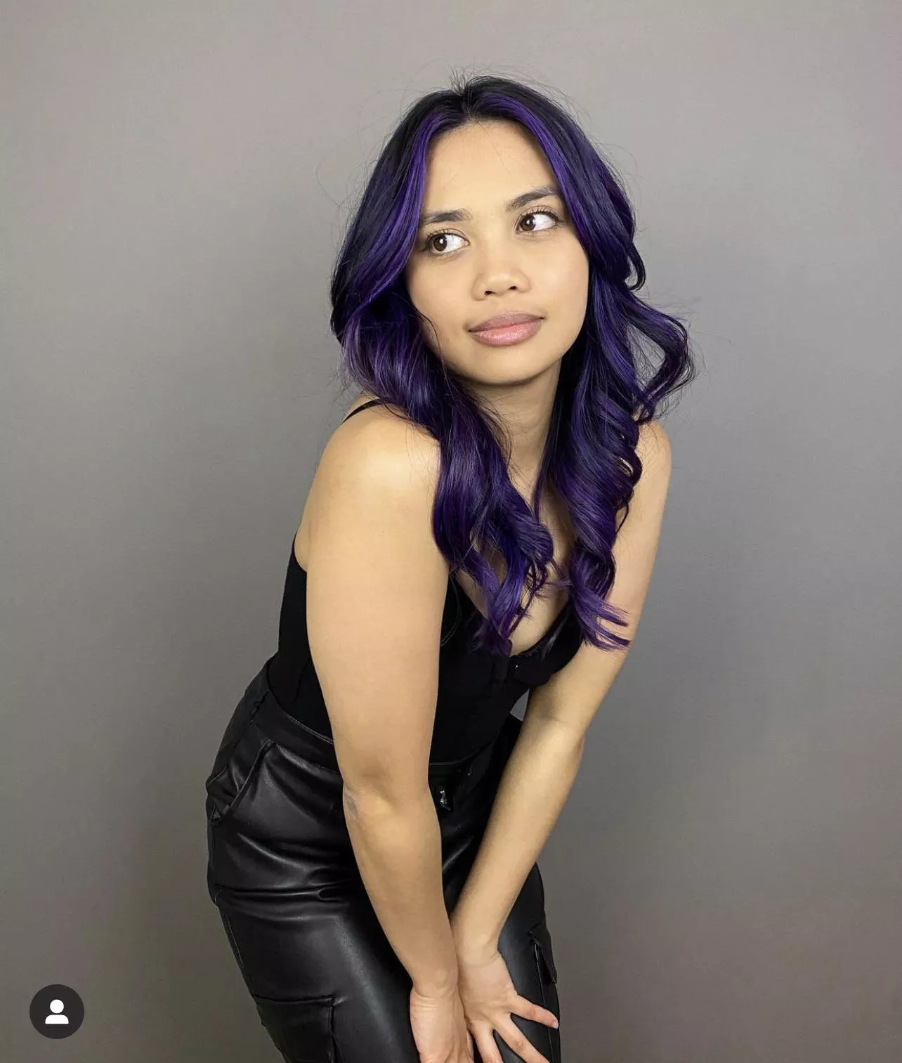Purple hair Filipina in leather tights