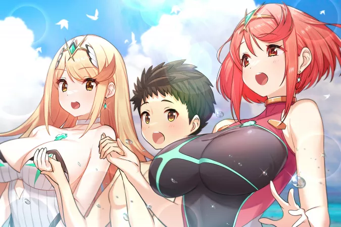 Pyra and Mythra with Rex at the beach (Green322) Pyra and Mythra with Rex at the beach (Green322)