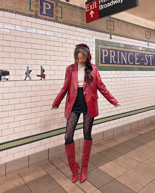 Red boots, patterned tights