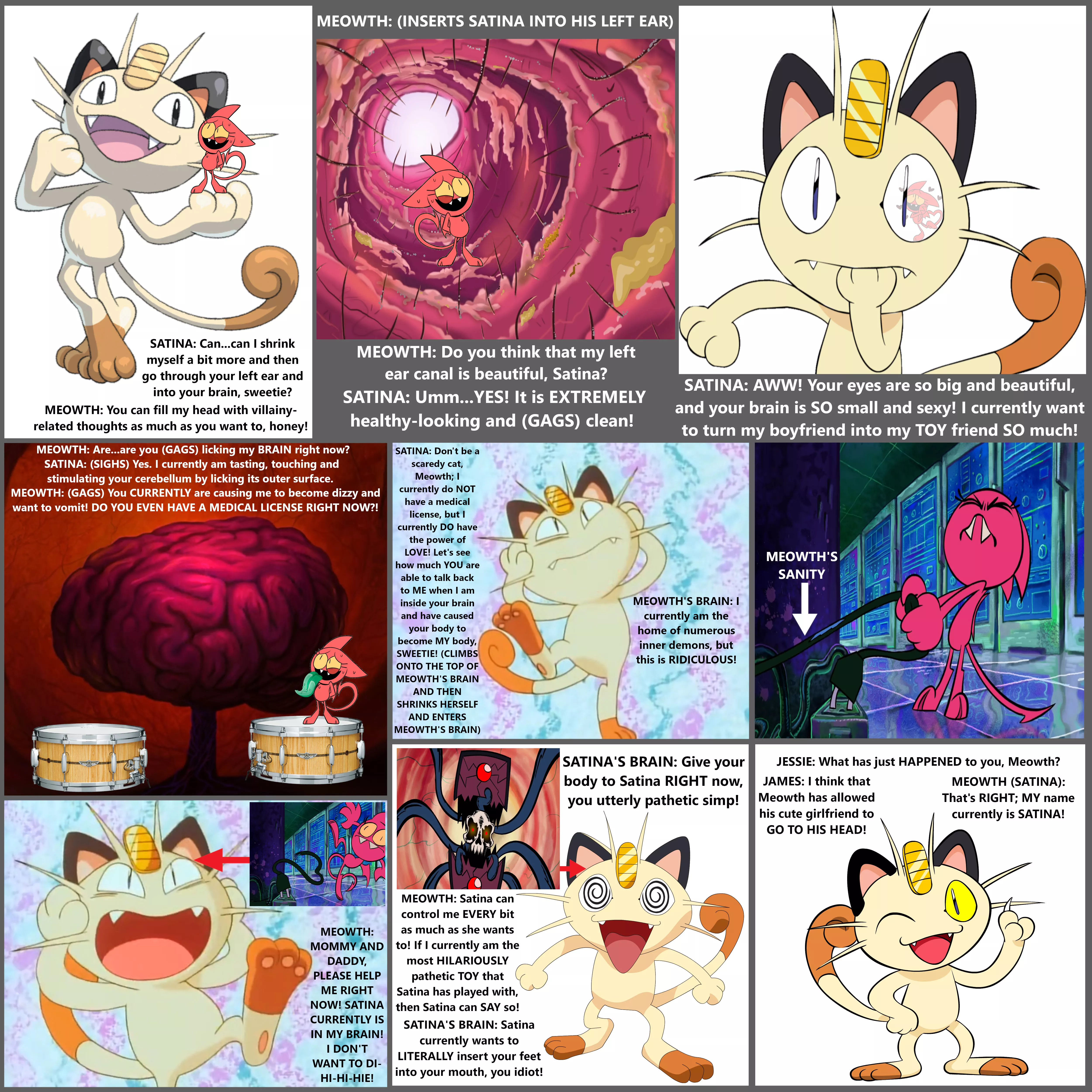 Satina entering Meowth's head in this Pokemon fan comic Satina entering Meowth's head in this Pokemon fan comic