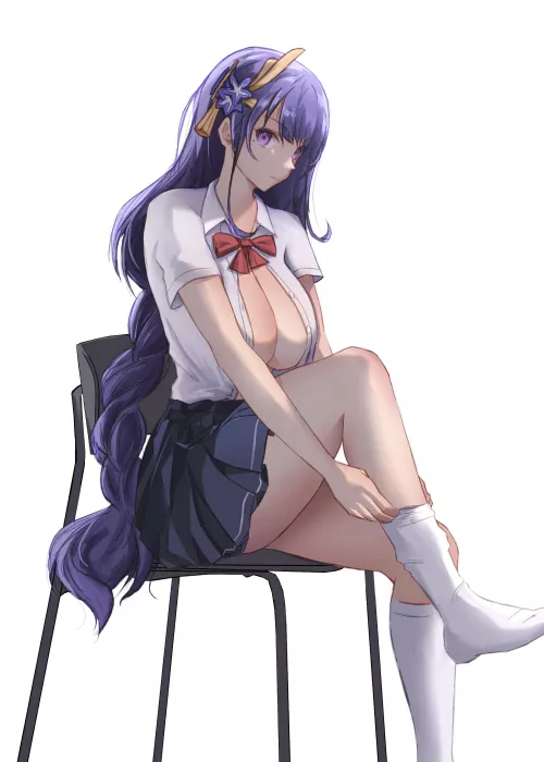 schoolgirl Raiden changing out of her uniform [Genshin Impact]