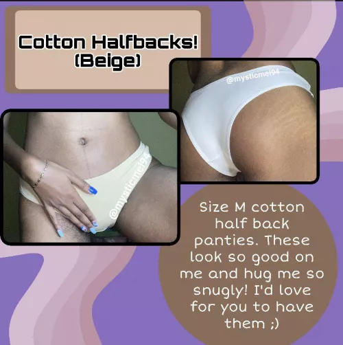 [selling] Beige cotton panty! I love this style and the way it accentuates my little 🍑. Its gusset is perfect for collecting my grool and scent! message me on kik: mysticmel94 💋🌼