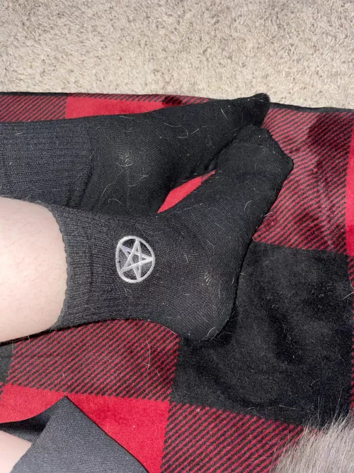 [selling] black crew socks with 1 pentagram on each sock. worn since feb 5 2022, super sweaty, stinky, and comfy 😋 dm about purchasing • additional customs available