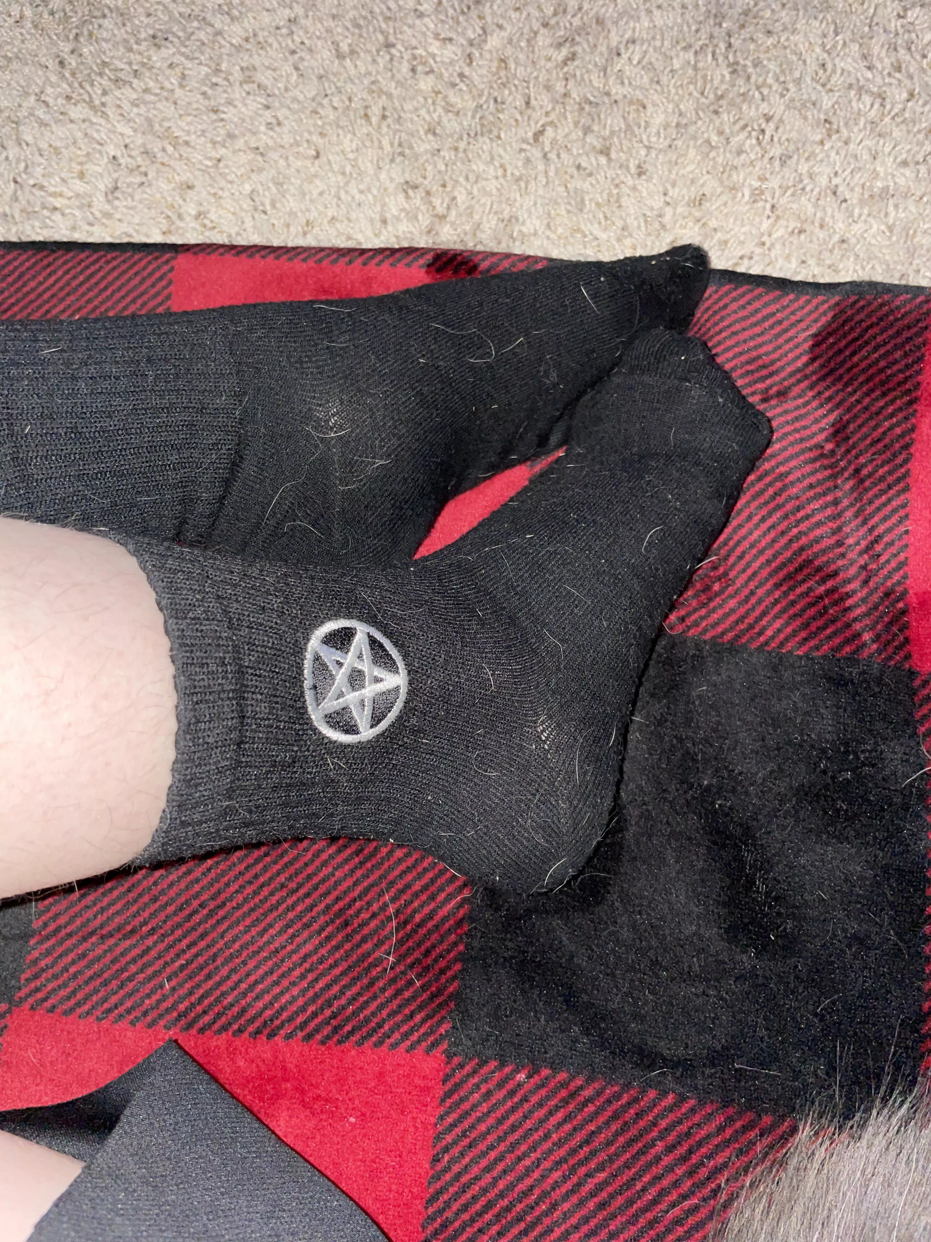 [selling] black crew socks with 1 pentagram on each sock. worn since feb 5 2022, super sweaty, stinky, and comfy 😋 dm about purchasing • additional customs available