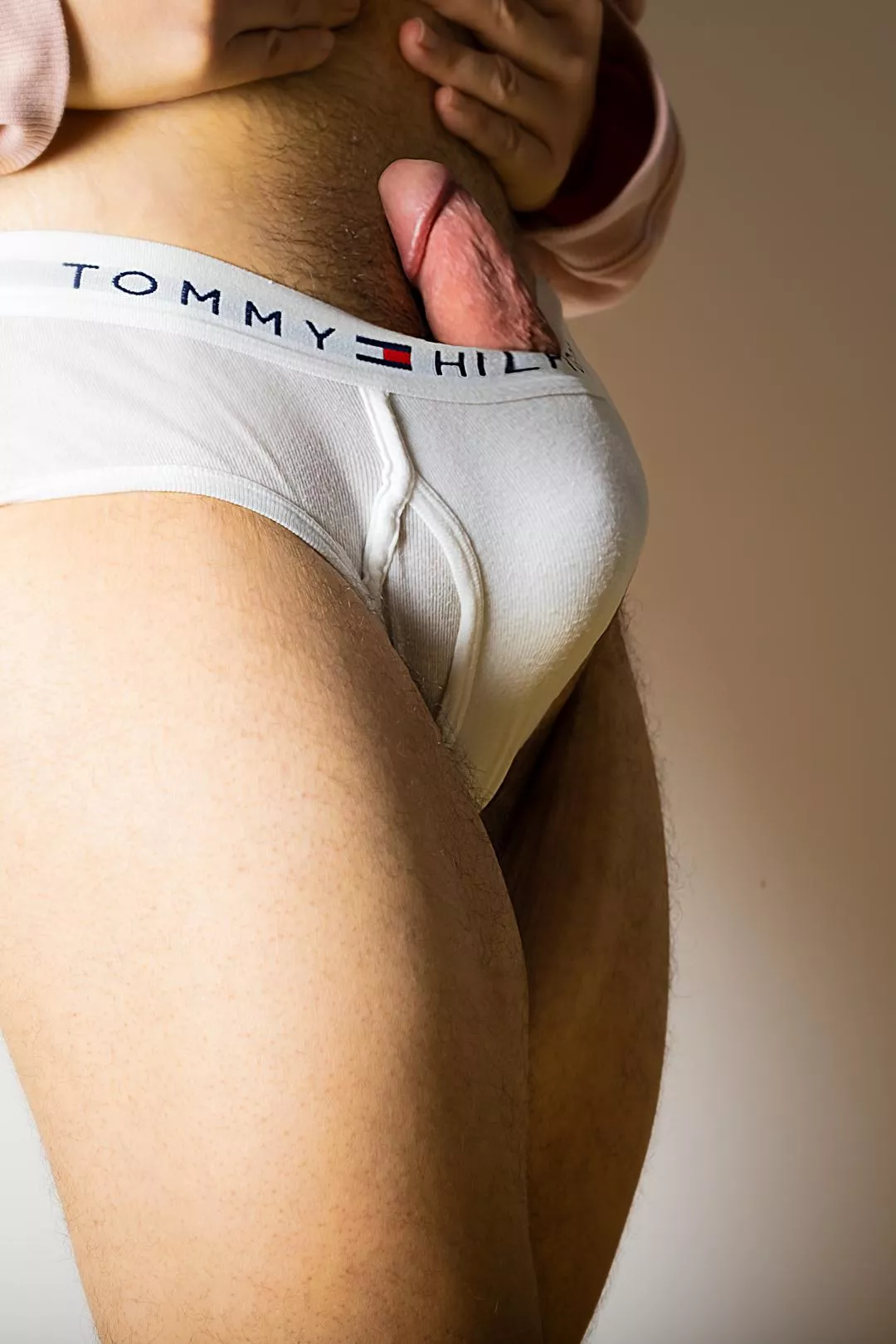 Semi (80%) Busting Through the Top of my Tommy briefs (6'2, 180lb, Size Medium for Reference)