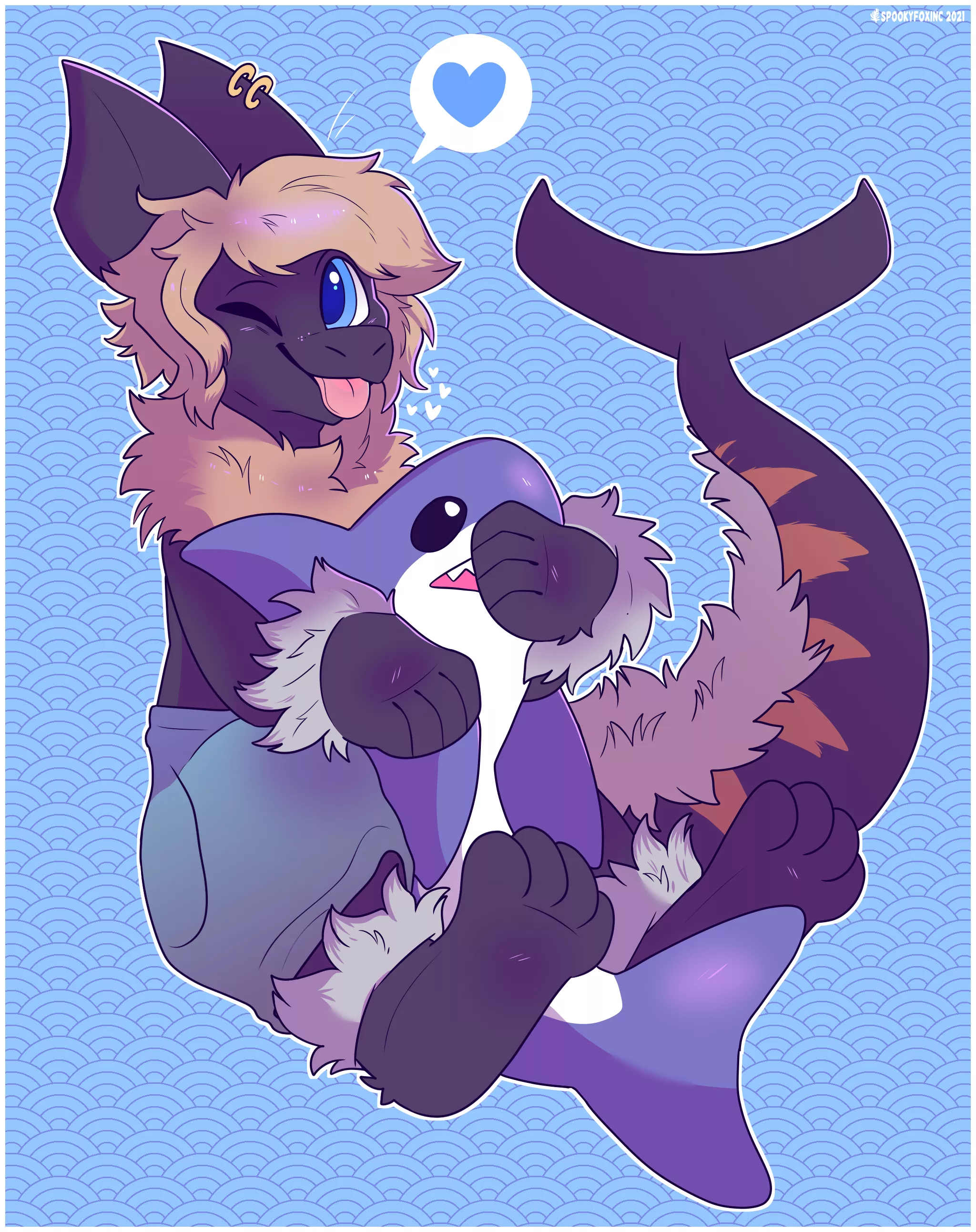 Shark hugging a shark!!! Omg how is this possible... <Blåhaj YCH for ayasharkbutt, art by me @spookyfoxinc on twitter> 🦈🦈🦈🦈