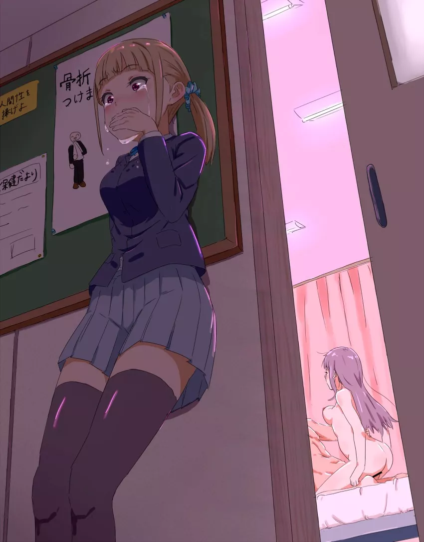 She saw her boyfriend with another girl in the infirmary. She saw her boyfriend with another girl in the infirmary.