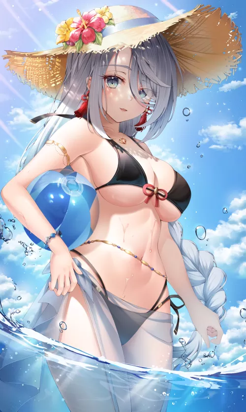 Shenhe in the water with beach ball on Valentine's Day (SSONG2) [Genshin Impact]