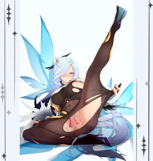 Shenhe - Using tape to fix her bodysuit the wrong way (whatwine) [Genshin Impact]