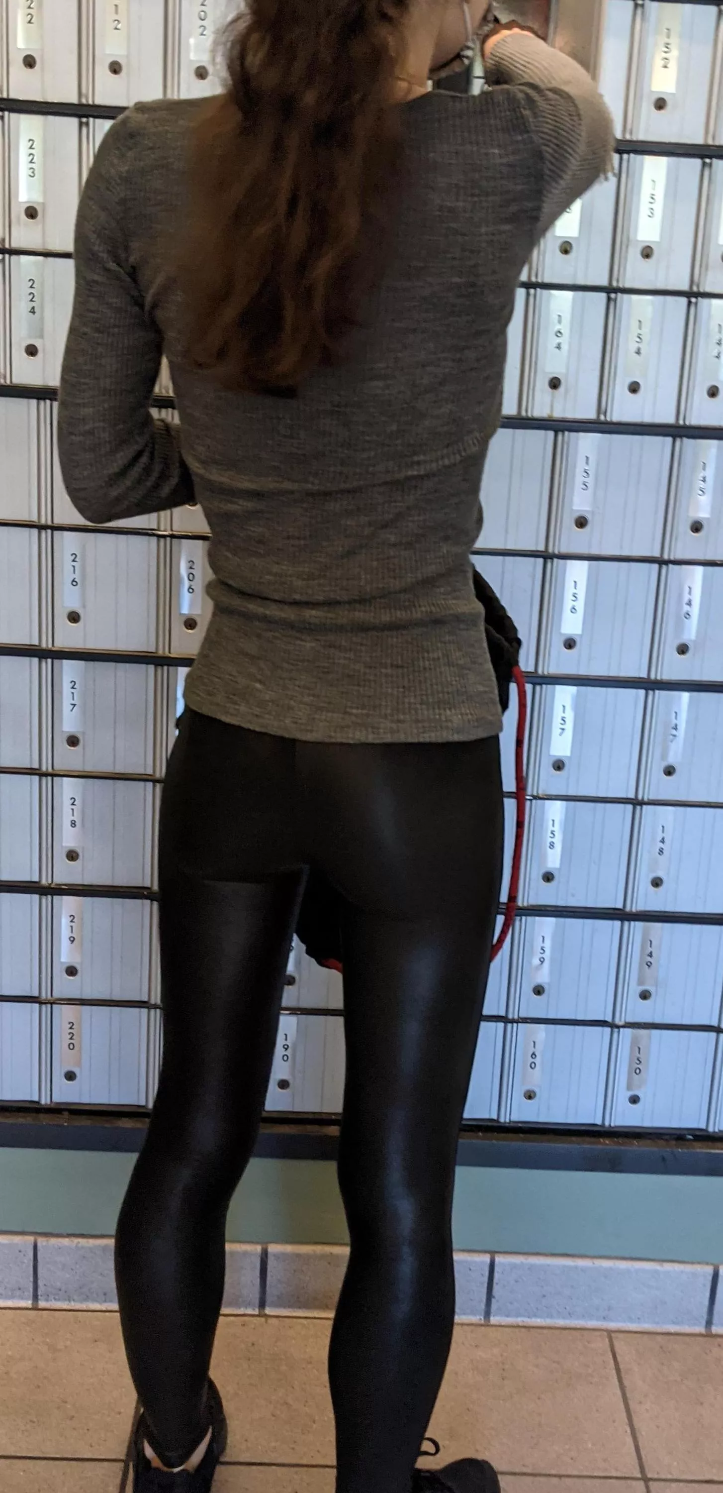 Shiny Yoga pants at the post office Shiny Yoga pants at the post office