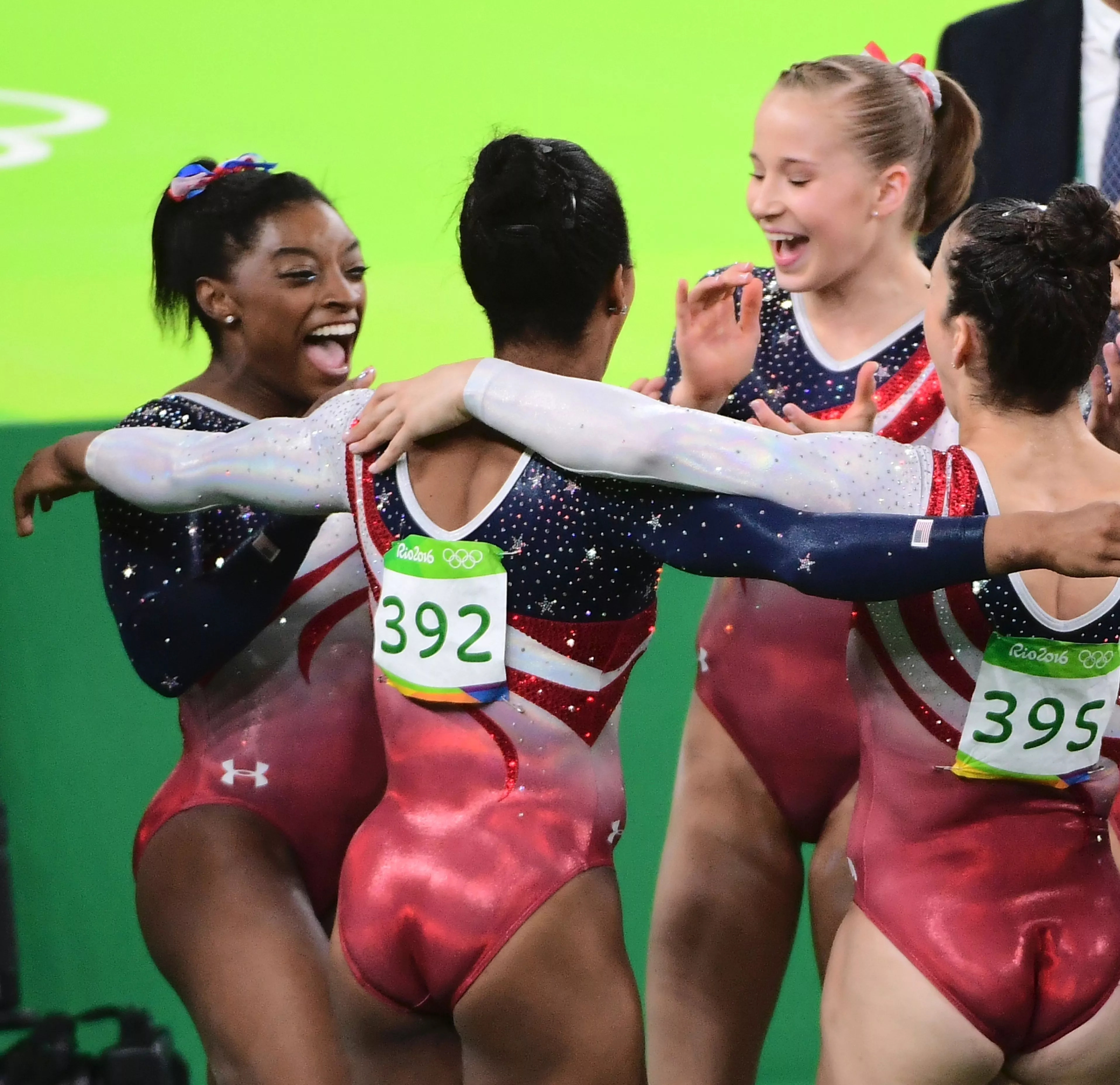 Simone Biles, Gabby Douglas, Madison Kocian and Aly Raisman artistic gymnast girls at 2016 Olympics