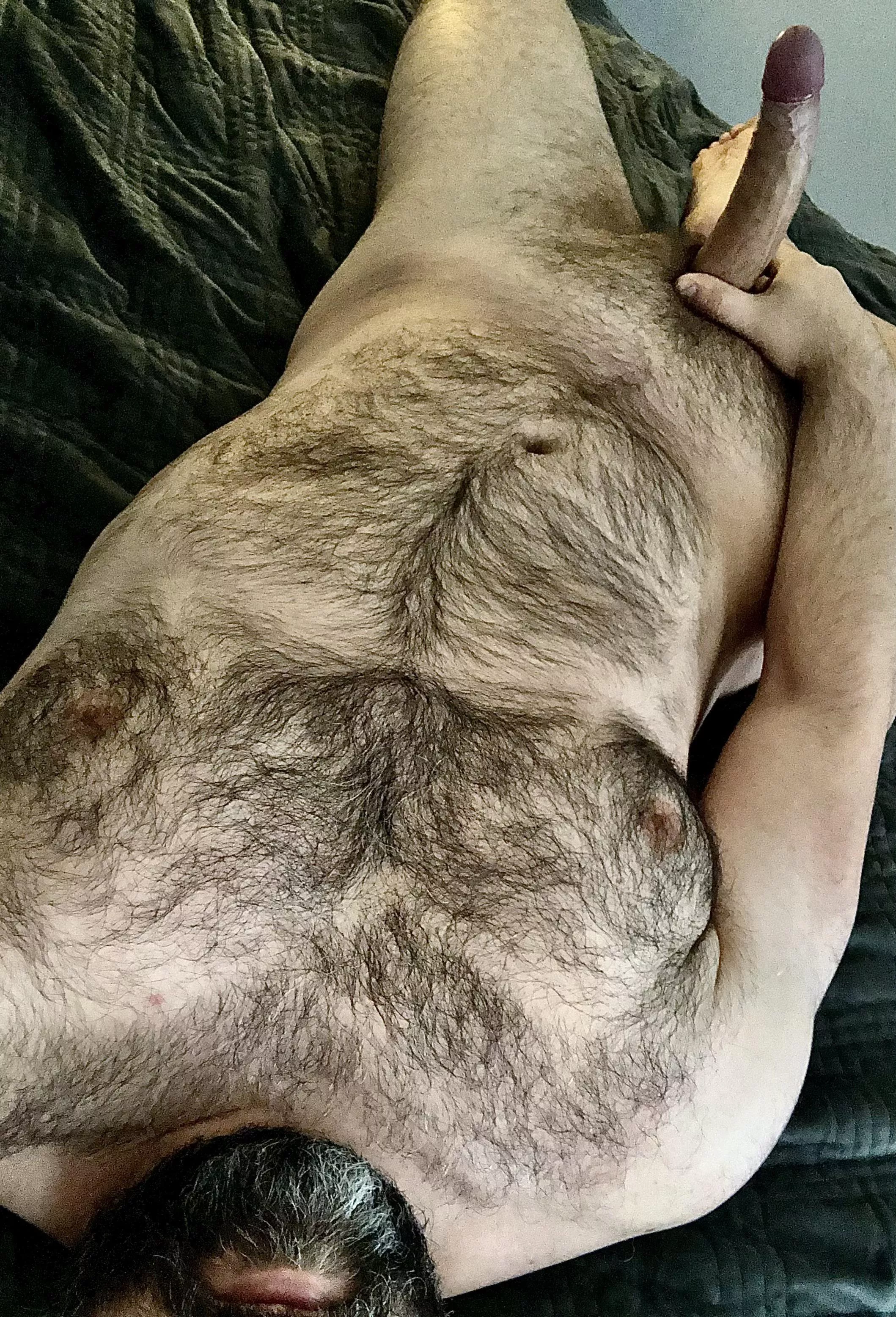 Sit on my beard and rub down my chest, then grab my big cock and give me your best.