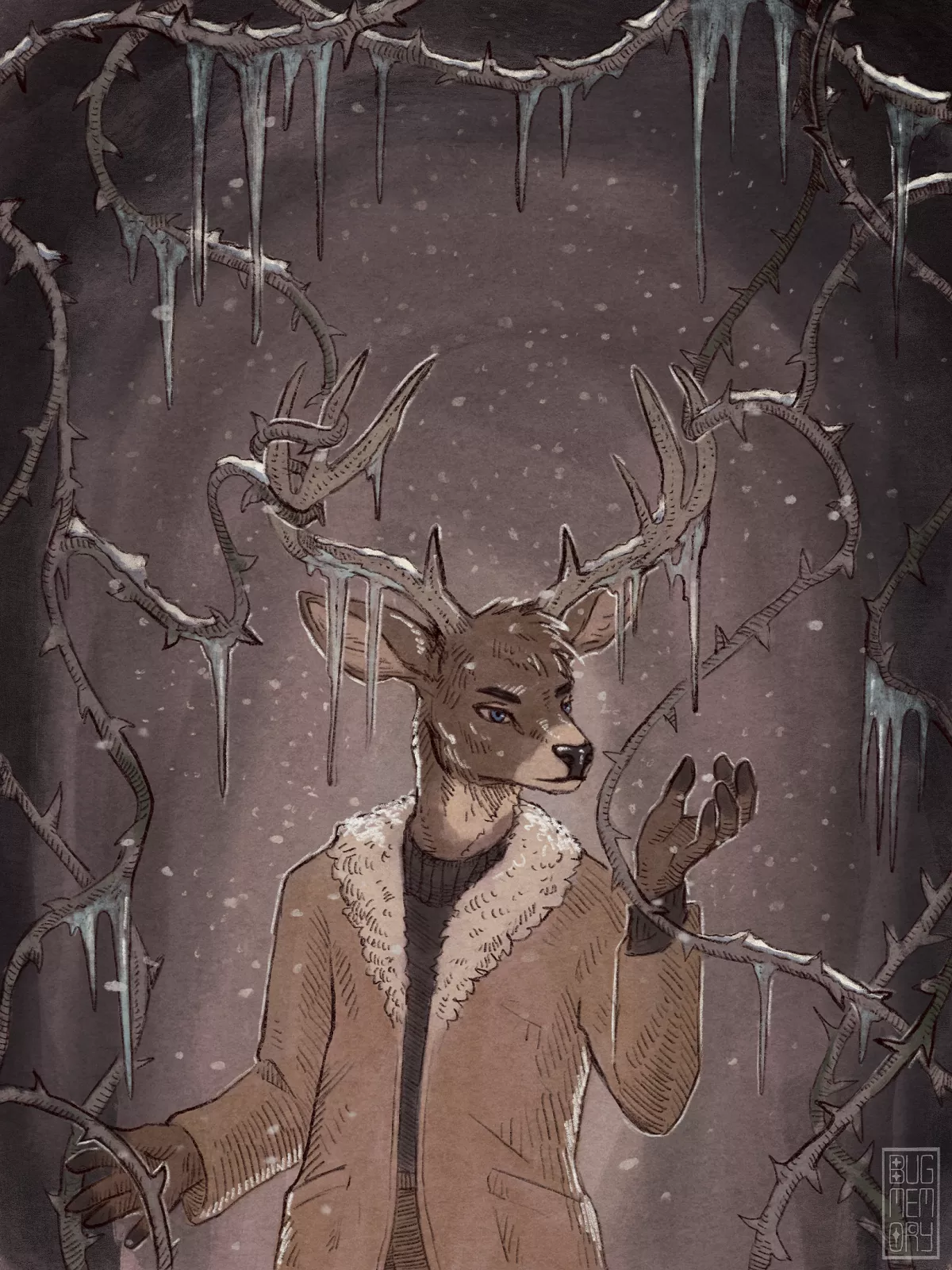 Snowy commission of a Twitter user's deer character!