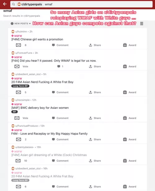 So many Asian girls looking for White guys to roleplay WMAF...Their prompts are so hot and well-written as well, it’s so heartbreaking but arousing to read them