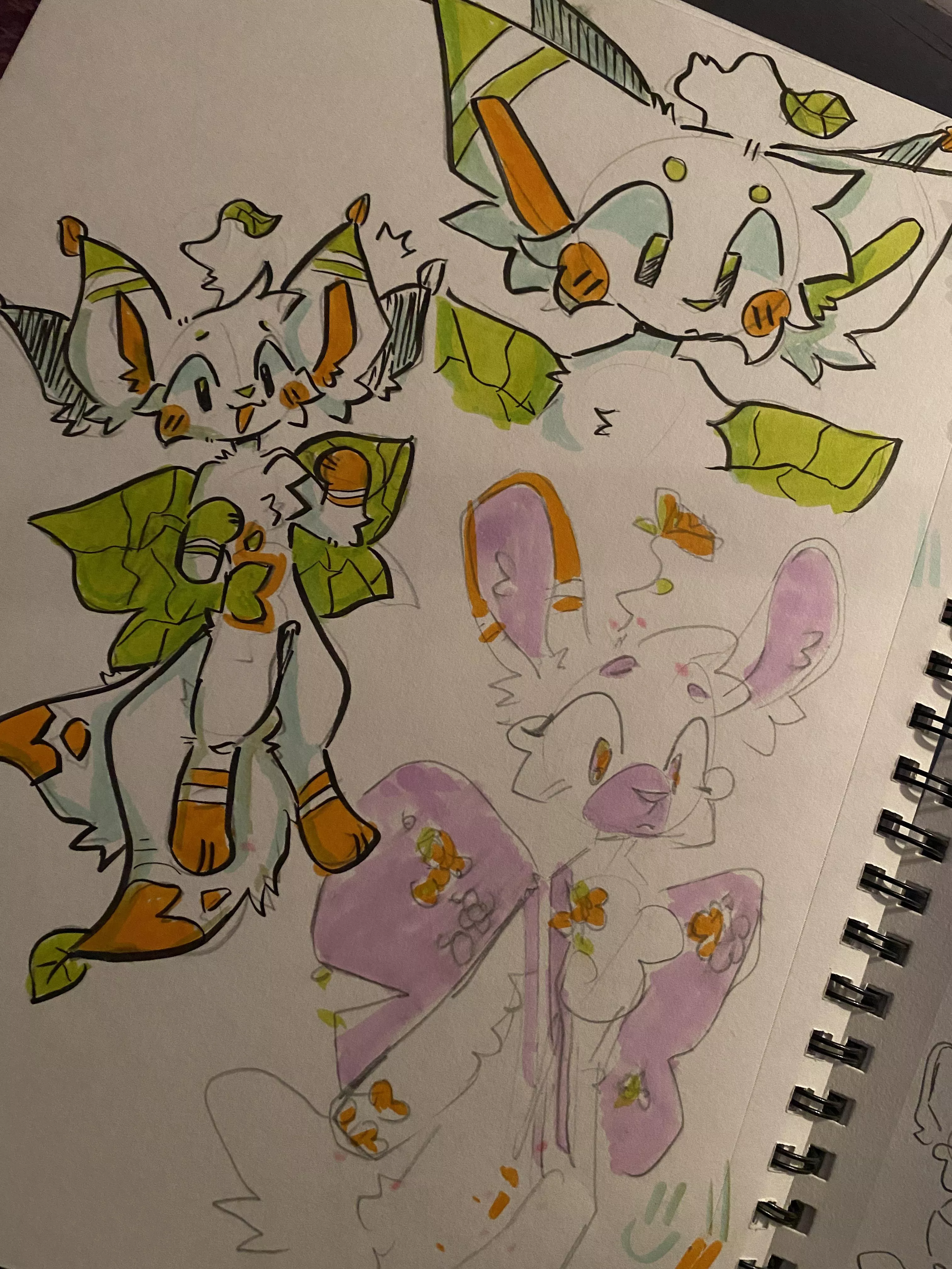 some sketchbook drawings of my ocs, whisper and willow ^^