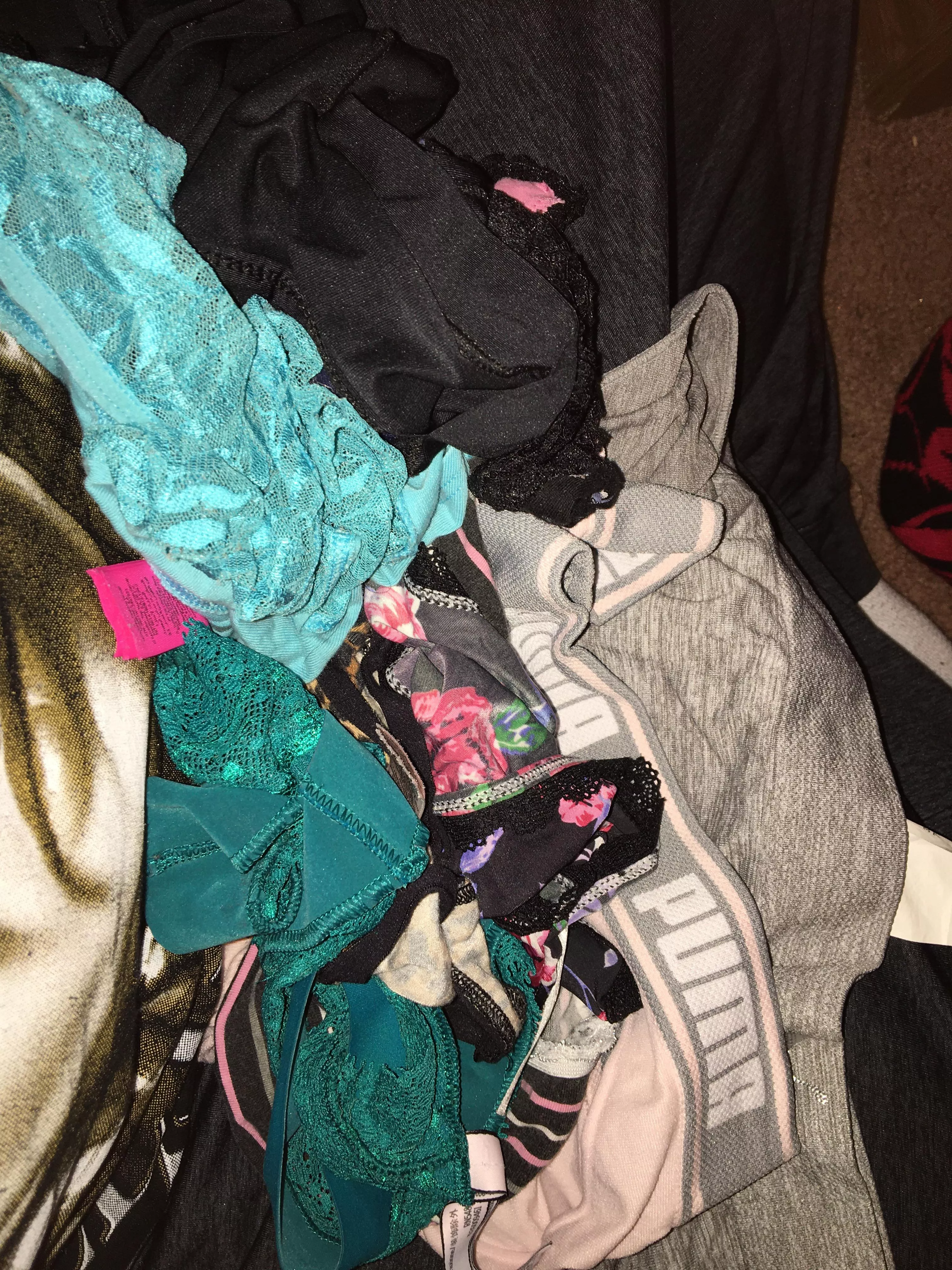 Sometimes I just sit here and admire my collection panties I stole🥵(mixed with cousins, aunts, my moms)