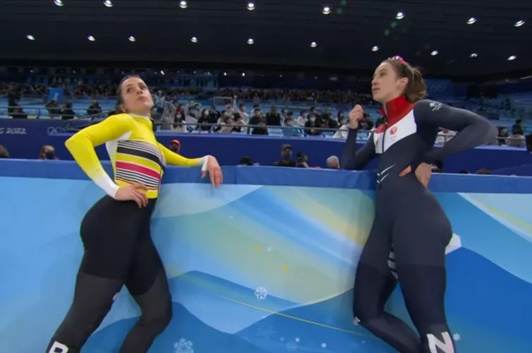 Speedskating bronze medalist Hanne Desmet of Belgium and gold medalist Suzanne Schulting of Netherlands after women's 1000m final Speedskating bronze medalist Hanne Desmet of Belgium and gold medalist Suzanne Schulting of Netherlands after women's 1000m final