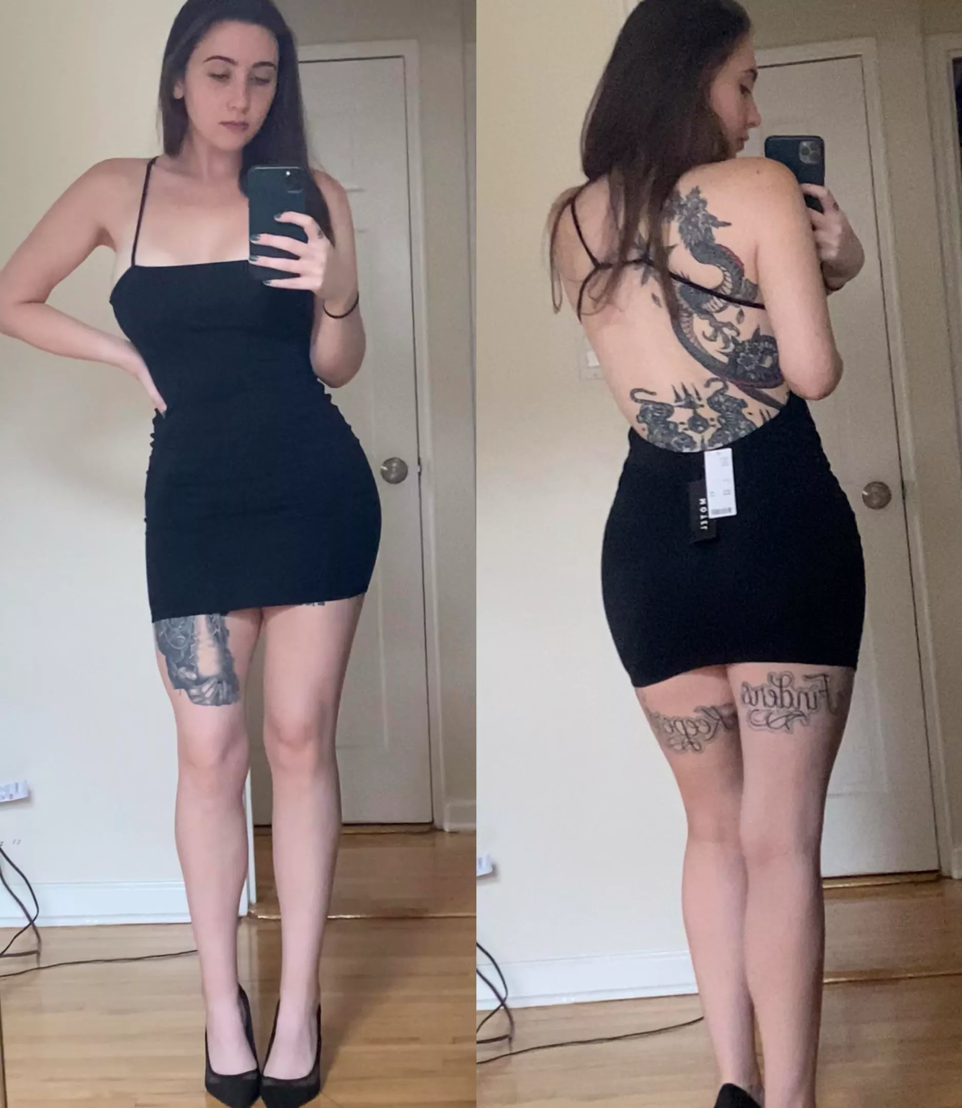 Tattooed and tall in black dress Tattooed and tall in black dress