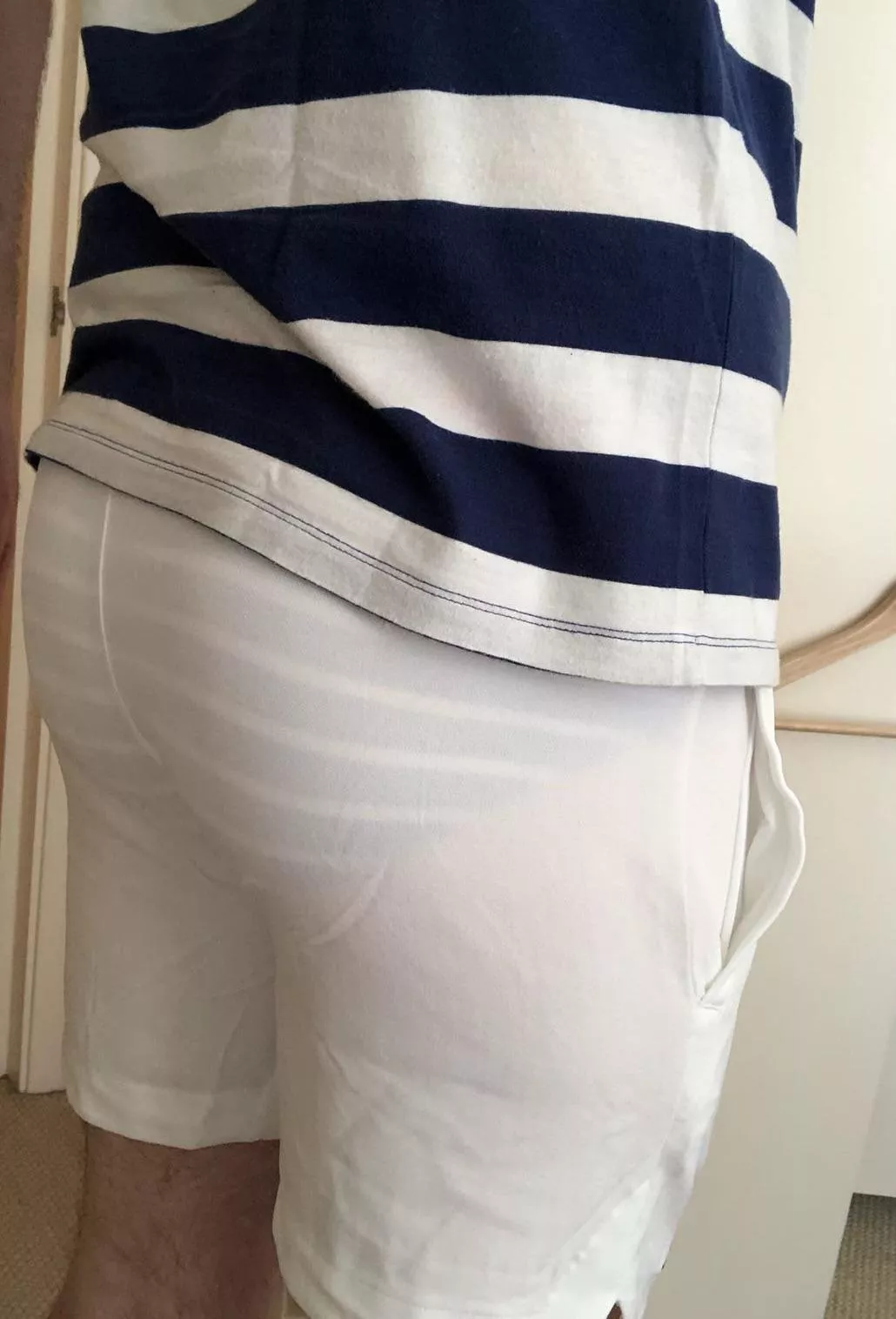 Tennis shorts are unlined, so when you wear white ones, they don’t hide much. Perhaps stripey underwear wasn’t the best choice. Tennis shorts are unlined, so when you wear white ones, they don’t hide much. Perhaps stripey underwear wasn’t the best choice.
