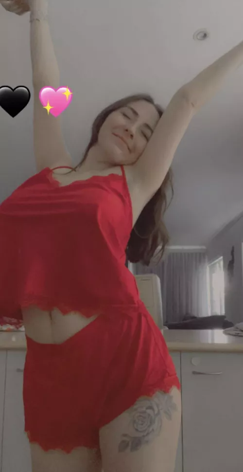 That morning stretch in some VERY cute red pjs 🥰 [f]