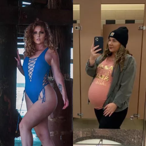 The hot blonde girl everyone wanted in highschool got pregnant, gave up that model body for a huge round belly! 🤤