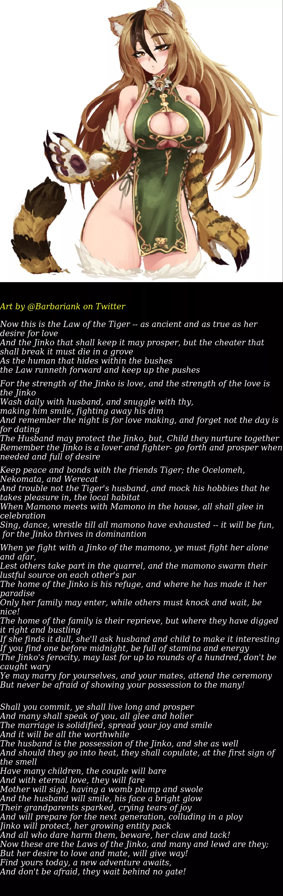 The Law of the Tiger [Year of the Tiger] [MGE] [Wholesome] [Monster Girl] [Poem Based]