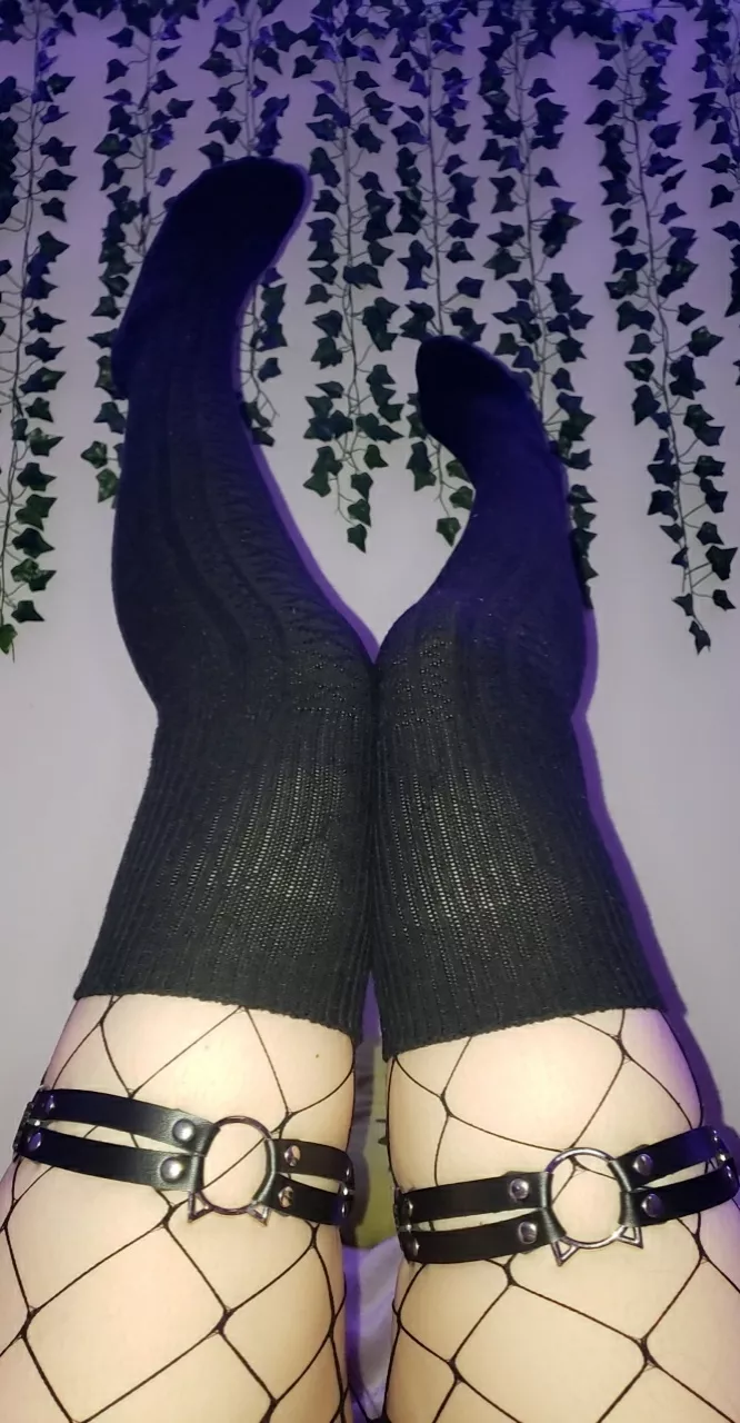 The socks, fishnets, and kitten garters stay ON during sex~ 😈🖤