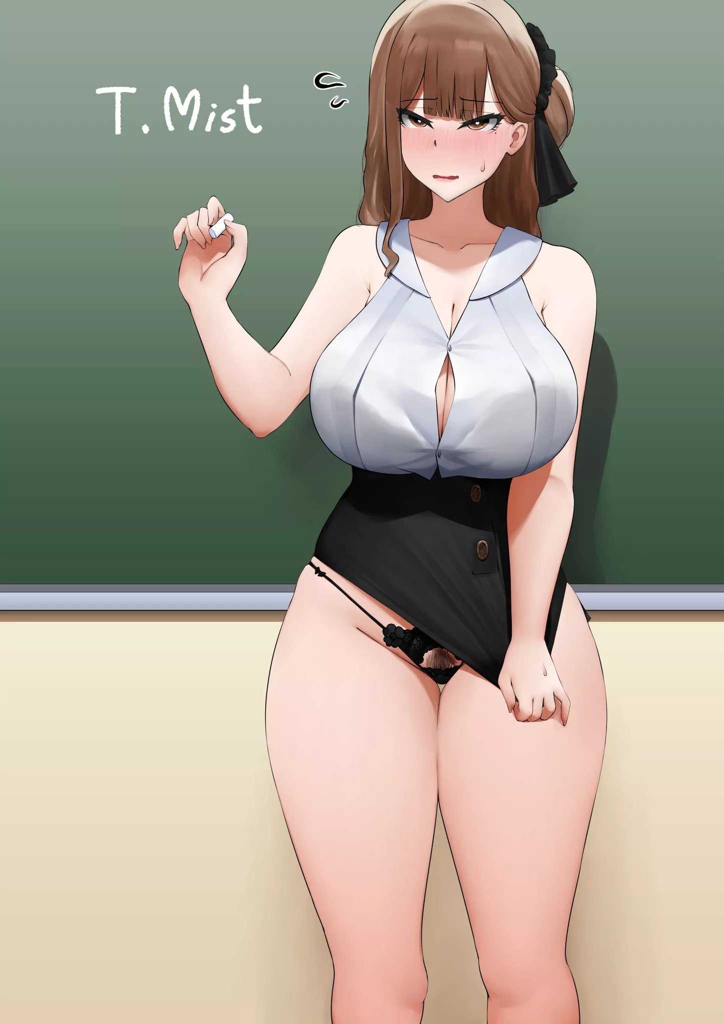 The teacher might be having trouble with her clothes