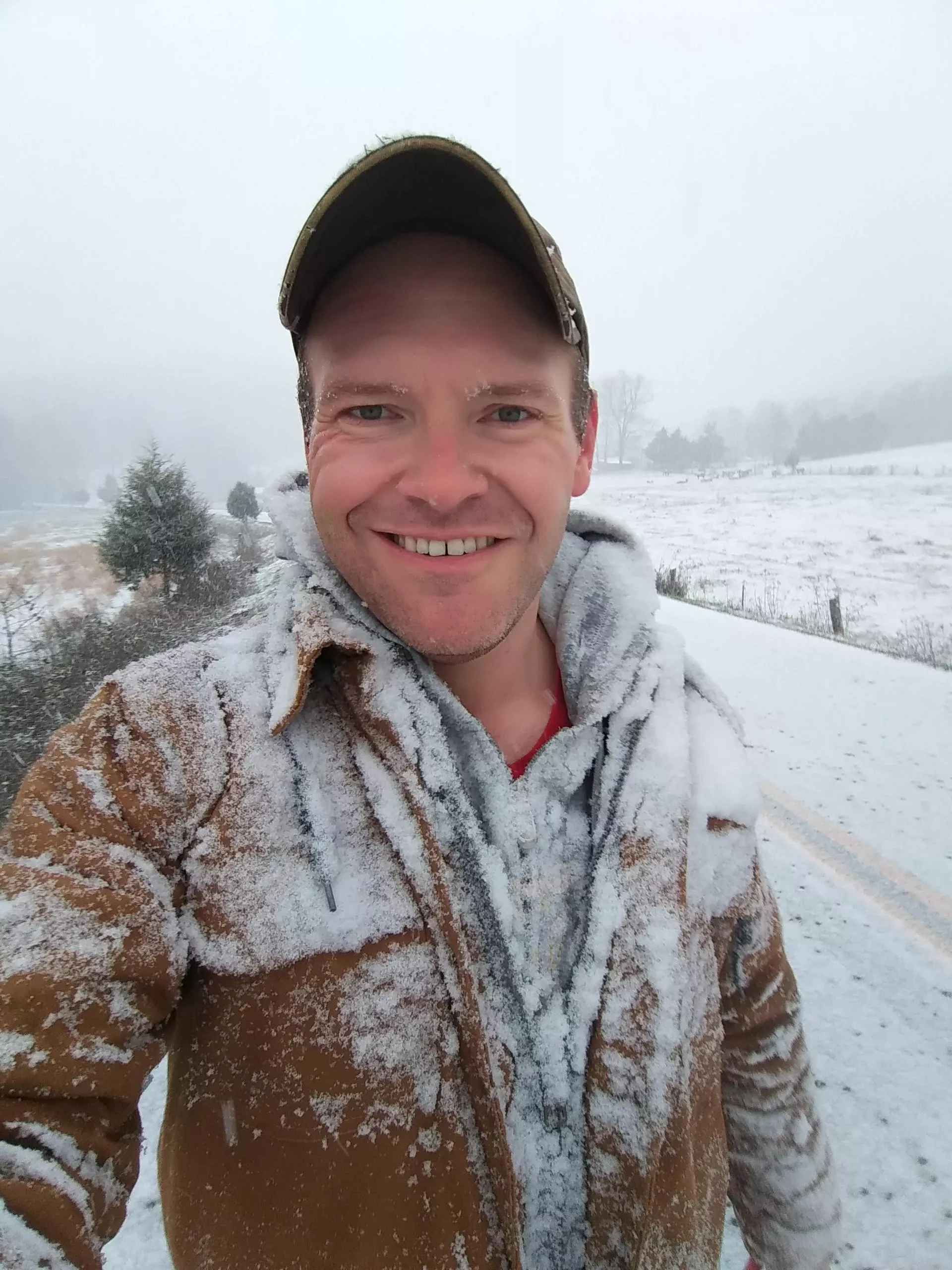 Took my walk this morning a little too late. I wanted to beat the snow but that didn't happen. Oh, well. It was pretty fun.