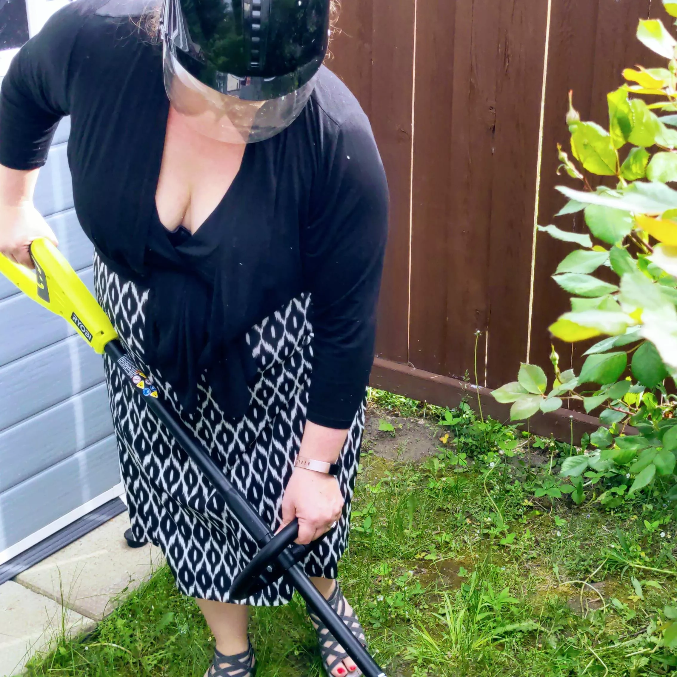 Totally wrong outfit for weed whacking my lawn. Did protect my face 😃 with weird helmet (43)