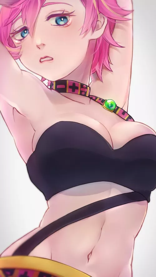 Trish with her arms up showing her armpits