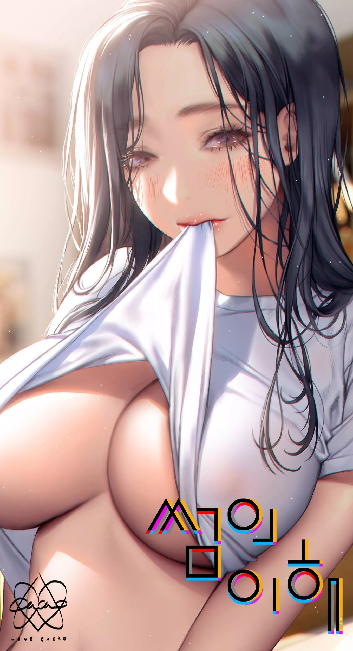 Tugging her Shirt Up