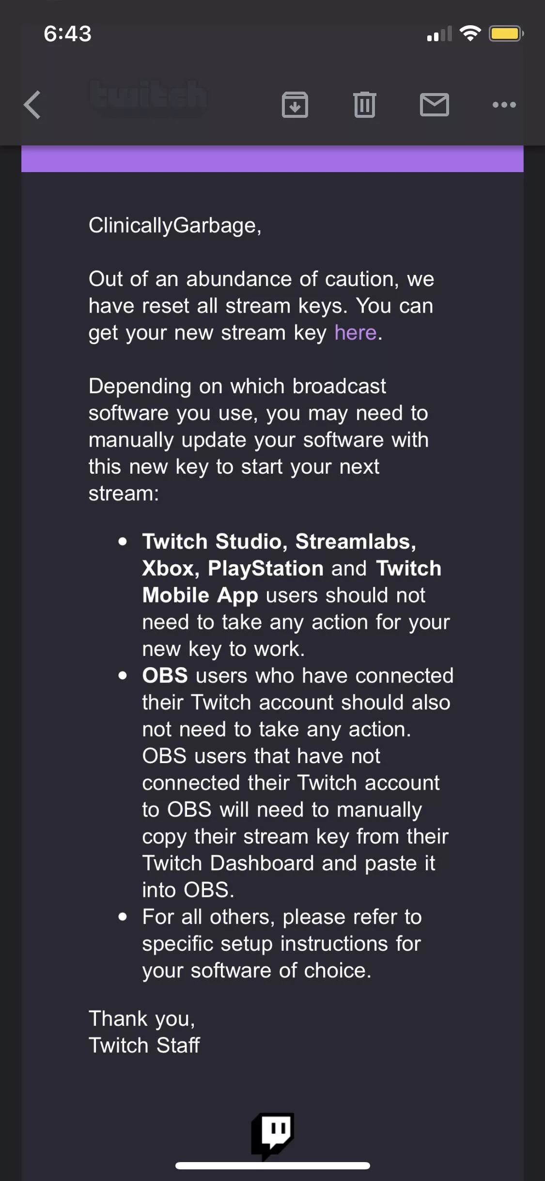 Twitch is resetting stream keys. Just so y’all know