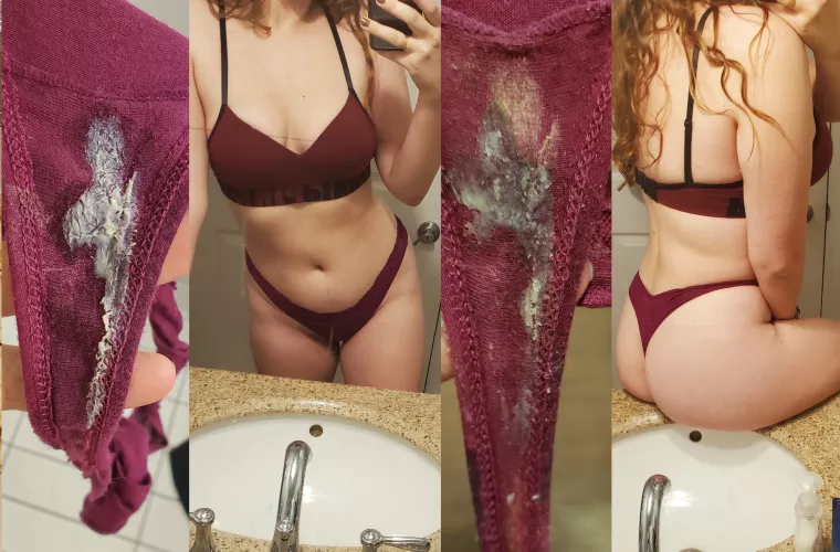 two day progress on this pantie after l orgasm twice in it before walking to my hours of lectures<3 dm me or kik babbigiraffe to have these to yourself π