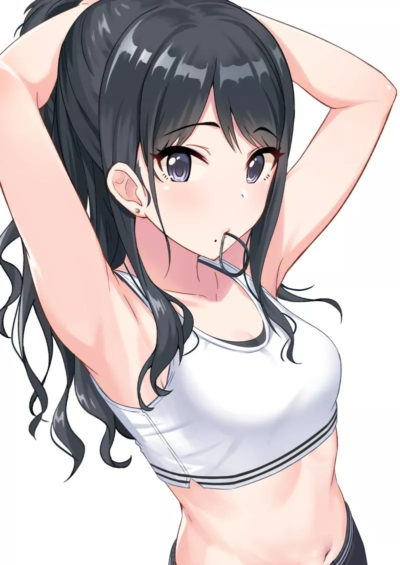 Tying her hair Tying her hair