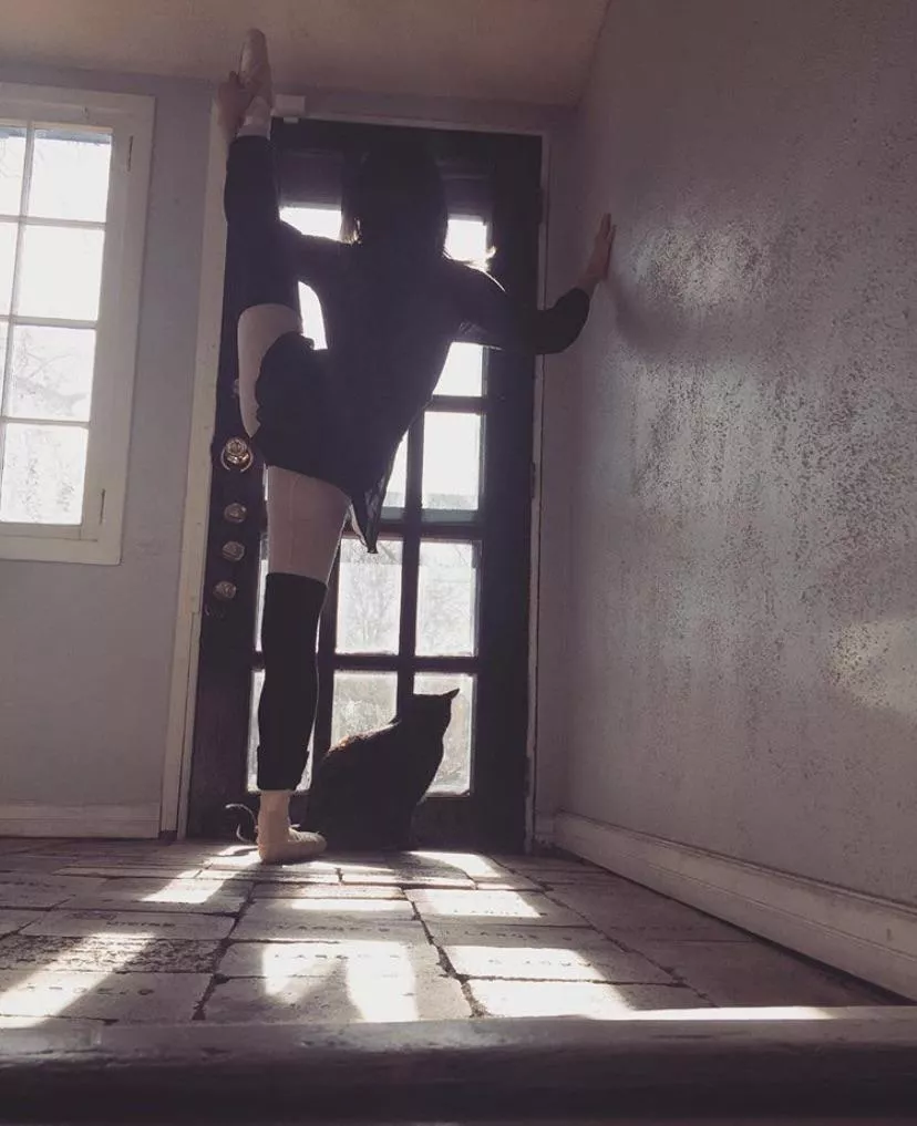Typical day of a ballerina in quarantine, kitty decided to come say hi during the shoot 😊