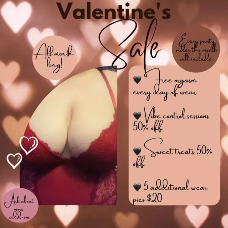 Valentine’s Sale is here and lasts all month long! ♥️😘 Verified 5 Star Seller [selling] sweets, panties, vibe control, and more! Menu is on my profile ♥️