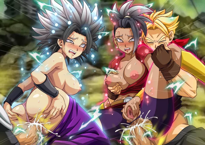 Vegeta and Trunks fucking Oren-Caulifla and Kamin-Kale.