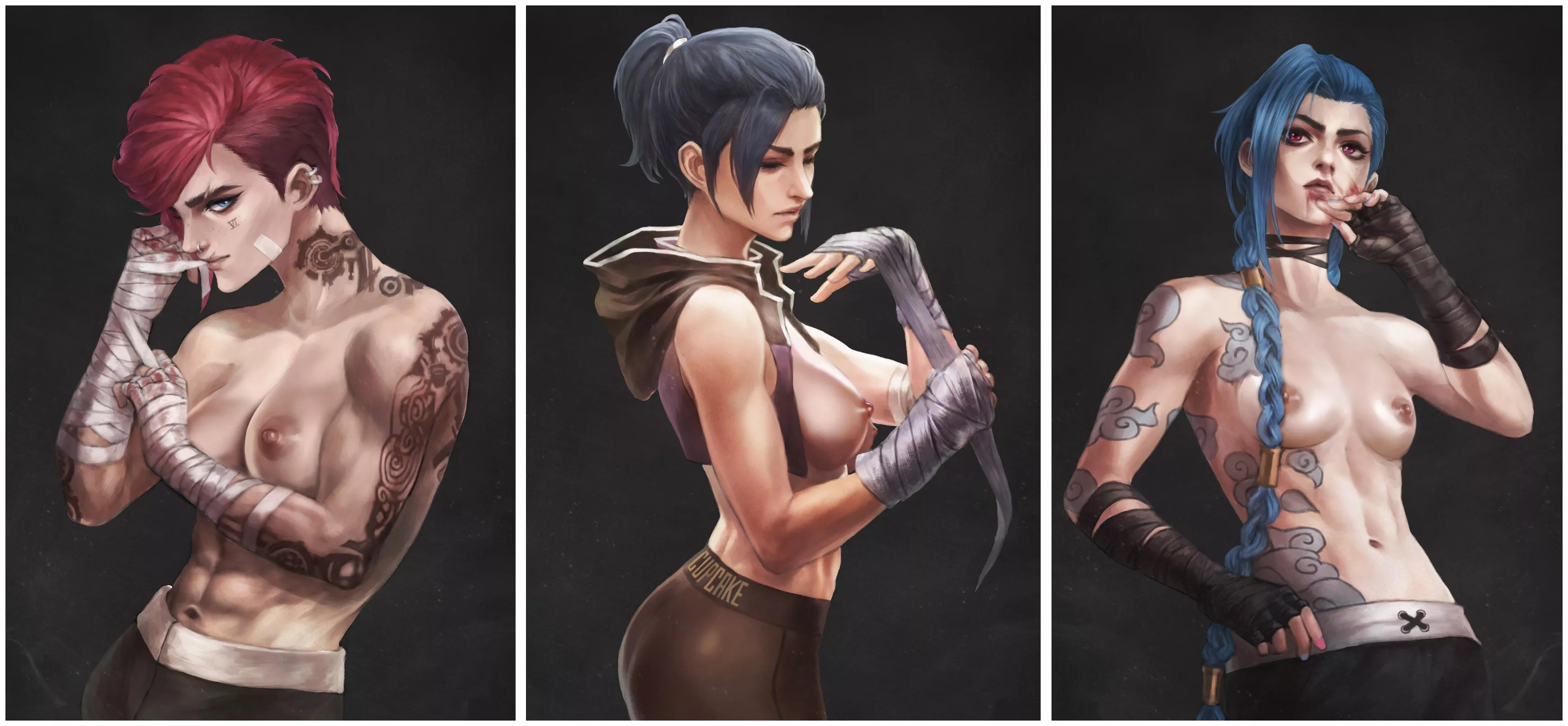 Vi, Caitlyn Kiramman and Jinx. (Monorirogue) [Arcane, League of Legends]
