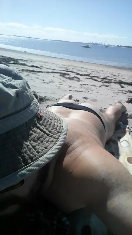 Vintage jockey thong on boston area beach. Had a woman turn to me to walk by this ass and gave her some gooch too, but we all know its for the guys.
